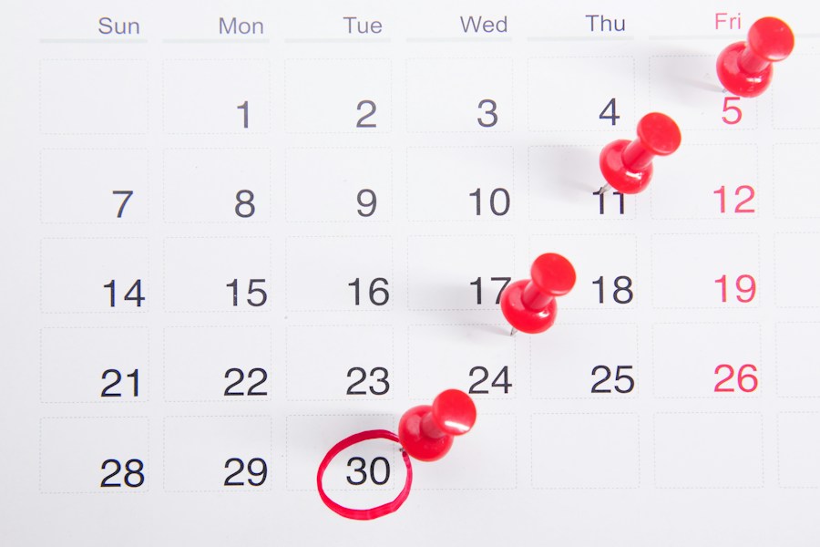 A calendar marked with upcoming dates